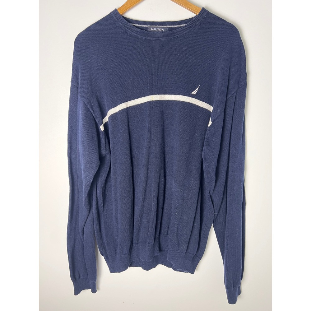 VTG Nautica Sweater XL Navy Blue Cotton Crewneck Stripe Logo Preppy Collegiate